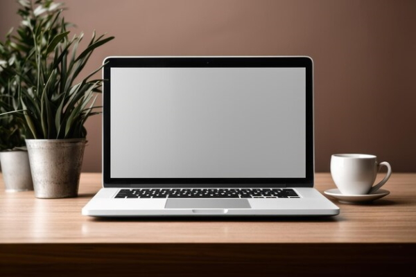 لپ‌تاپ روی میز کار و یک ماگ