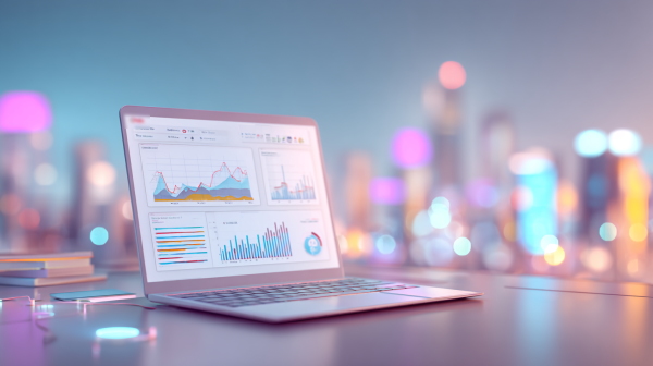 لپتاپ بازی که نمودار‌های مختلف تحلیل داده را نشان می‌دهد.
