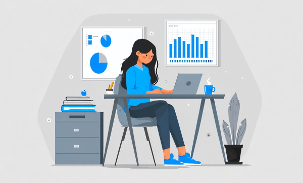 شخصی در حال کار کردن با لپ‌تاپ روی مباحث آماری است. 