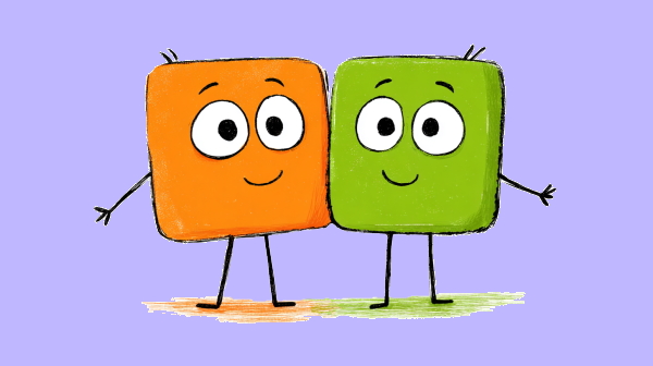 دو مربع کارتونی و خندان که همدیگر را بغل کرده‌اند