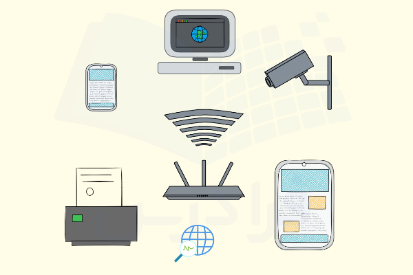 مودم Wi-Fi در وسط و دستگاه‌های خانگی در اطراف آن به شبکه متصل شده‌اند.