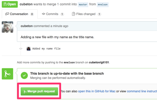 صفحه «PR» بعد از ارائه درخواست در گیت هاب