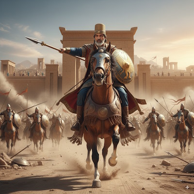 تصویر سرباز هخامنشی ایرانی روی اسب در جنگ با Nano Banana