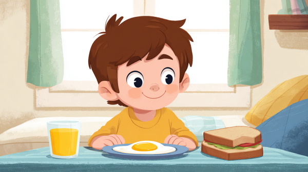 پسری در حال صبحانه خوردن پشت میز