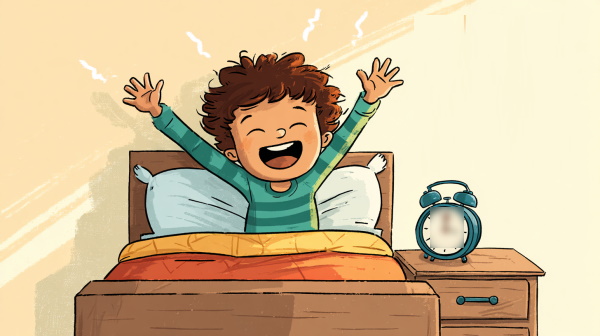 پسری در حال بیدار شدن از خواب روی تحت