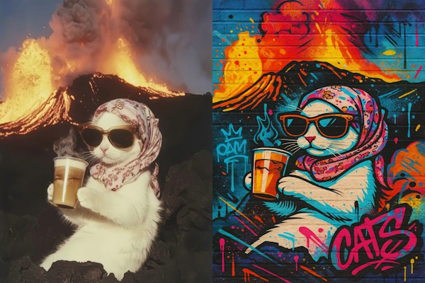 عکس گربه با قهوه در کنار کوه آتشفشان در کنار نسخه گرافیتی همان عکس