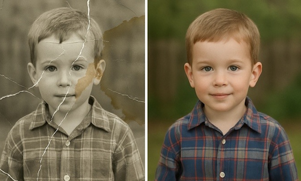 ۲ تصویر یک پسر بچه یکی از یک عکس قدیمی و جدید بهبود یافته با ai