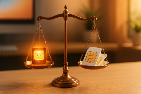 سیم‌کارت معمولی در یک کفه ترازو و eSIM در کفه دیگر ترازو قرار دارند.