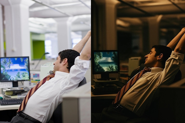 دو عکس از فردی در اداره پشت سیستم با نورپردازی روشن و تیره