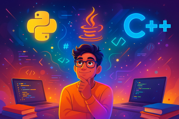 دانش‌آموز جوانی در حال انتخاب بین زبان‌های برنامه نویسی مختلف است.