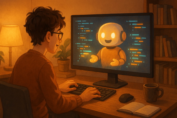 یک ربات هوش مصنوعی از درون مانیتور دانشآموز را به برنامه نویسی دعوت میکند.