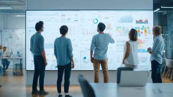 چهار همکار در حال نگاه کردن به نمایشگری که اطلاعات مربوط به پروژه روی آن است.