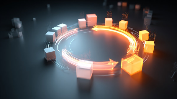 تصویرسازی از بخش های مختلف پروژه به شکل مکعب های مختلف که فلش های نورانی بین آنها در رفت و آمد هستند.