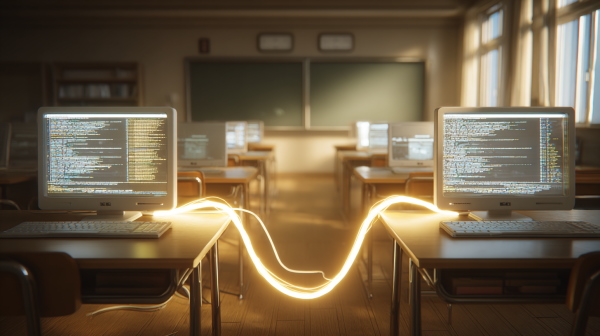 دو کامپیوتر که با کمک کابل نورانی به همدیگر و به صورت نظیر به نظیر متصل شده‌اند.