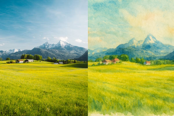 عکس منظره در سوئیس در کنار نسخه آبرنگی آن - پرامپت چت جی پی تی برای ادیت عکس