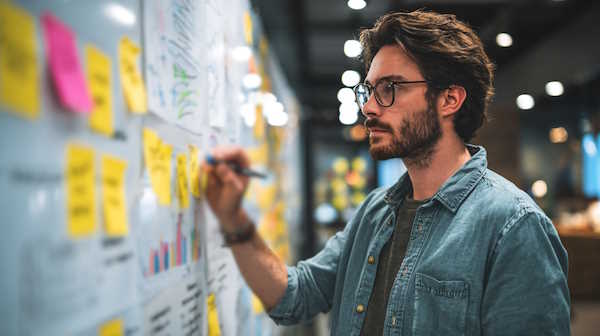 مرد در حال نوشتن روی تخته وایتبرد