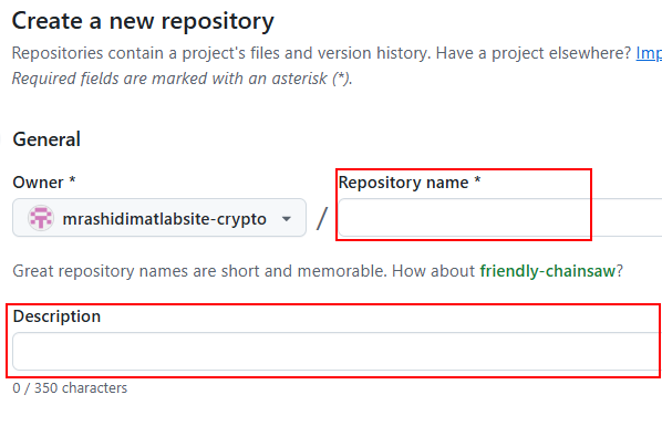 انتخاب نام و نوشتن توصیف مختصری از مخزن جدید
