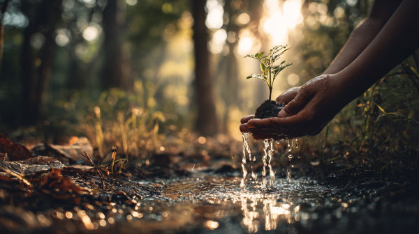 دستی که در حال کاشتن گیاه در خاک است.