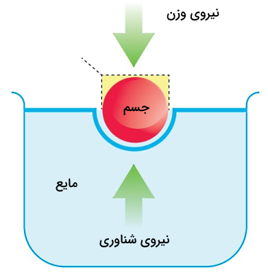 غوطهوری یا شناوری جسم قرمز رنگی در مایع داخل استوانه شیشهای