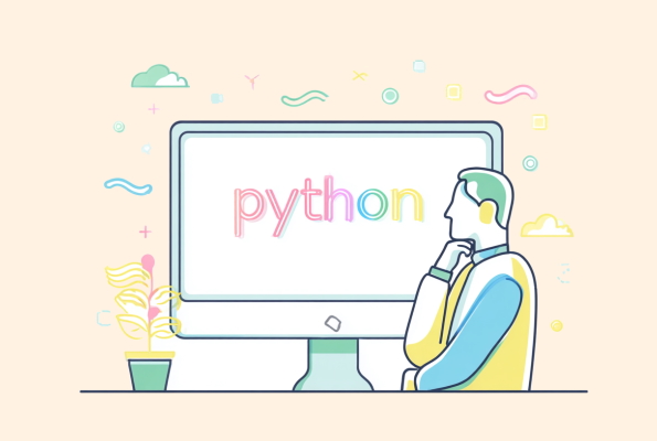 یک مهندس برنامه نویسی در حال فکر کردن در مقابل مانیتوری که کلمه پایتون بر روی آن نوشته شده است.