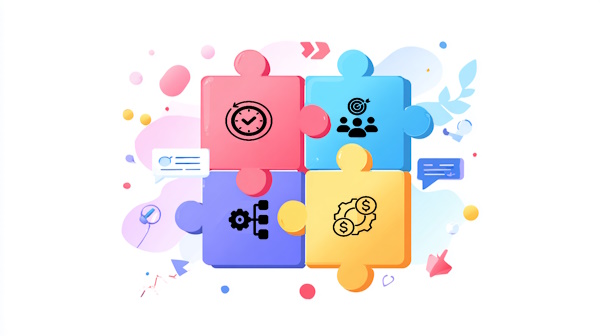 چهار قطعه پازل که روی هر کدام آیکون یکی از بخش های پروژه مانند تیم پروژه، بودجه و غیره نشان داده شده است.