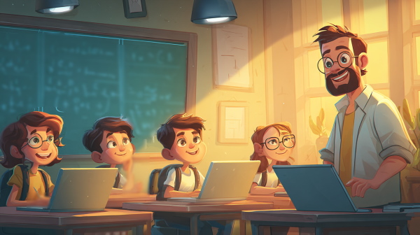 دانش‌آموزان جوان در حال یادگیری برنامه نویسی از معلم