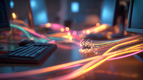 کابل‌های فیبر نوری در میان چند کامپیوتر از آن‌ها نور به بیرون پخش می‌شود. - روش‌های انتقال داده در شبکه