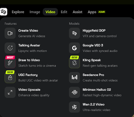 گزینه‌های تولید ویدیو در Higgsfield