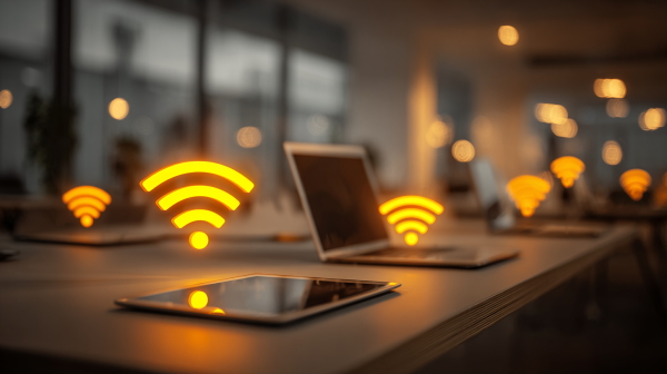چند لپتاپ باز و نماد آنتن Wi-Fi