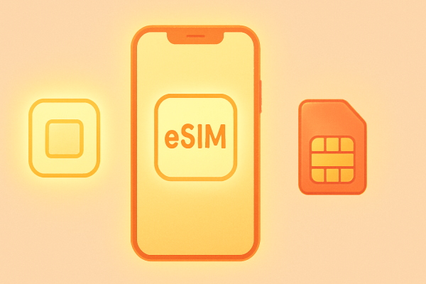 یک موبایل در وسط و سیمکارت‌های معمولی و eSIM در دو طرف آن قرار دارند.