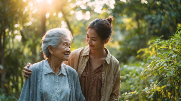 زن مسنی در آغوش زن جوان که نشاندهنده احترام است.