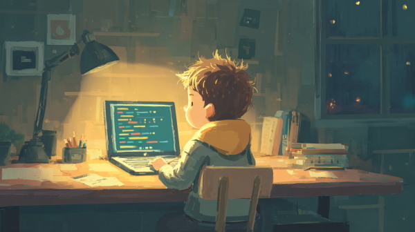 پسر بچه کوچکی در حال راه‌اندازی محیط توسعه نرم‌افزار - یادگیری برنامه نویسی از پایه