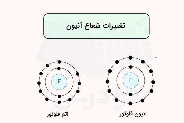 اتم فلوئور و یون آن به صورت هسته و الکتون ها در اطراف آن
