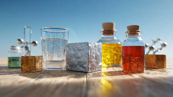 چند شیشه محلول، مکعب فلزی، لیوان و مولکول