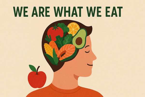 جمله واره what we eat که به عنوان یک بسته معنایی در جمله we are what we eat به کار رفته است و عکسی که جمله ما آنچه هستیم که می خوریم را توصیف می کند