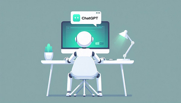 تصویری از یک ربات هوش مصنوعی که پشت کامپیوتر نشسته است و در تلاش برای نصب chatgpt است