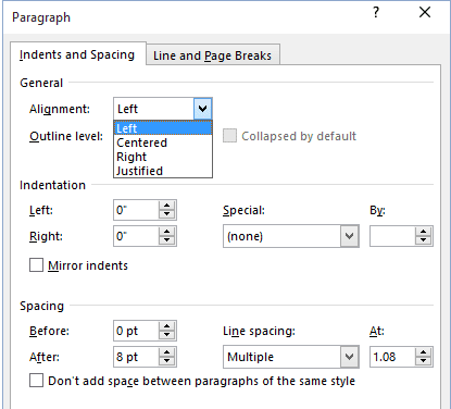 پنجره مربوط به تنظیمات پاراگراف در مایکروسافت ورد