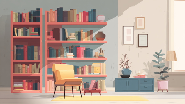 چند کتاب در کتابحانه و یک صندلی روبه‌روی آن