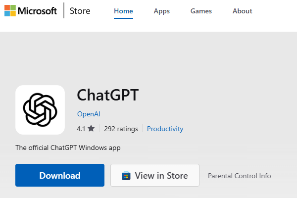 صفحه نسخه ویندوز برنامه هوش مصنوعی چت جی پی تی در Microsoft Store