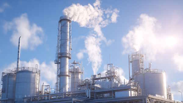 نمای بیرون یک کارخانه مواد شیمیایی در حال کار