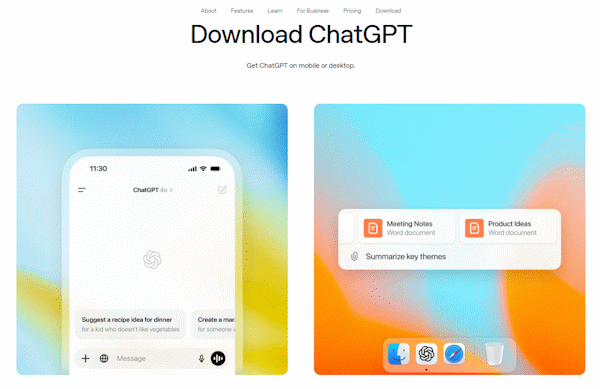 صفحه دانلود نسخههای مختلف هوش مصنوعی chatgpt در سایت رسمی OpenAI