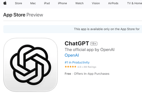 صفحه دانلود برنامه هوش مصنوعی chatgpt برای سیستمعامل مک