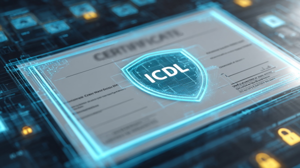 مدرک ICDL بر روی میز با شکل سپر امنیتی