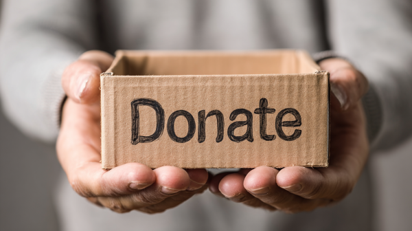 مردی با جعبه کوچکی در دست که روی آن نوشته شده Donate