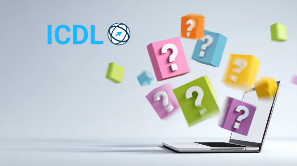 مکعبهای رنگی با علامت سوال از لپتاپ خارج می شوند و لوگوی ICDL