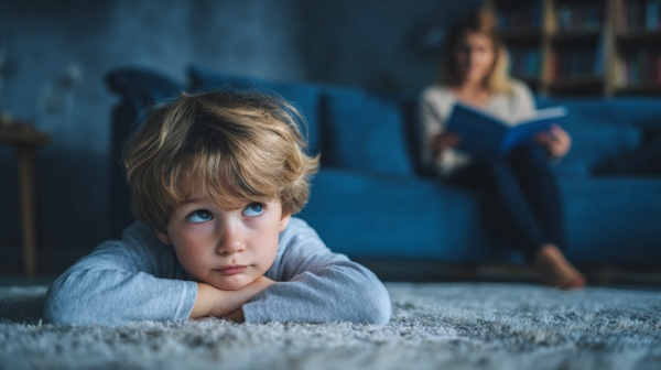 پسربچه‌ای در حال گوش دادن به مادرش که کتاب می‌خواند.