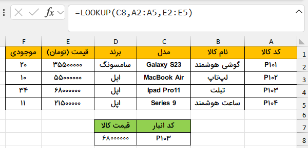 فرمولنویسی حالت برداری در جدول اکسل نمونه-جستجو excel