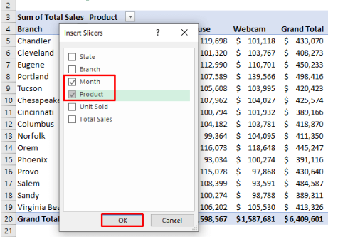 انتخاب بخشها در اسلایسر-گزارش گیری در اکسل