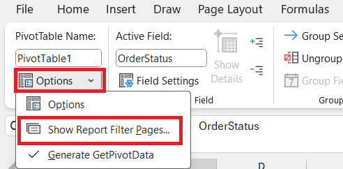 بخش options در پیوت تیبل-گزارش گیری در اکسل
