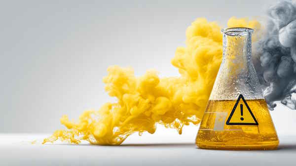 یک ارلن با محلول زرد و علامت خطر و دود زرد و سیاه